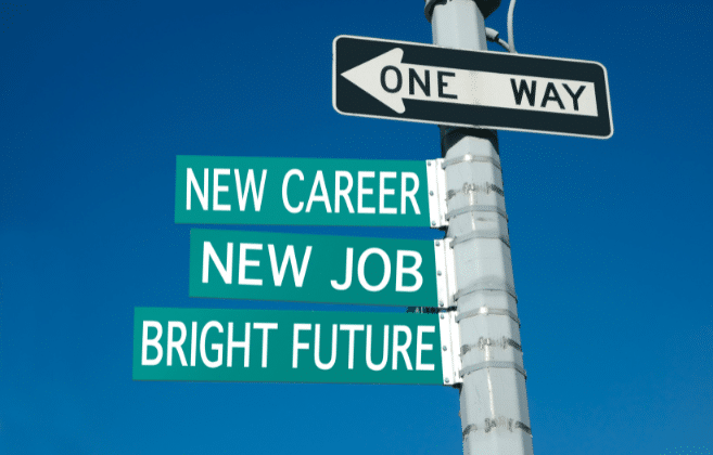Street signs against a clear blue sky with text "New Career," "New Job," and "Bright Future" indicating directions for career advancement and optimism.