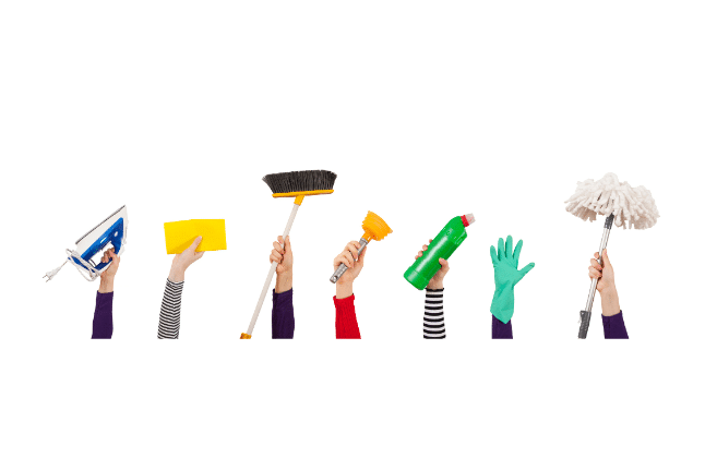 A row of hands from different people holding cleaning tools such as a window squeegee, duster, spray bottle, sponge, mop, and gloves, symbolizing diverse housekeeping tasks.