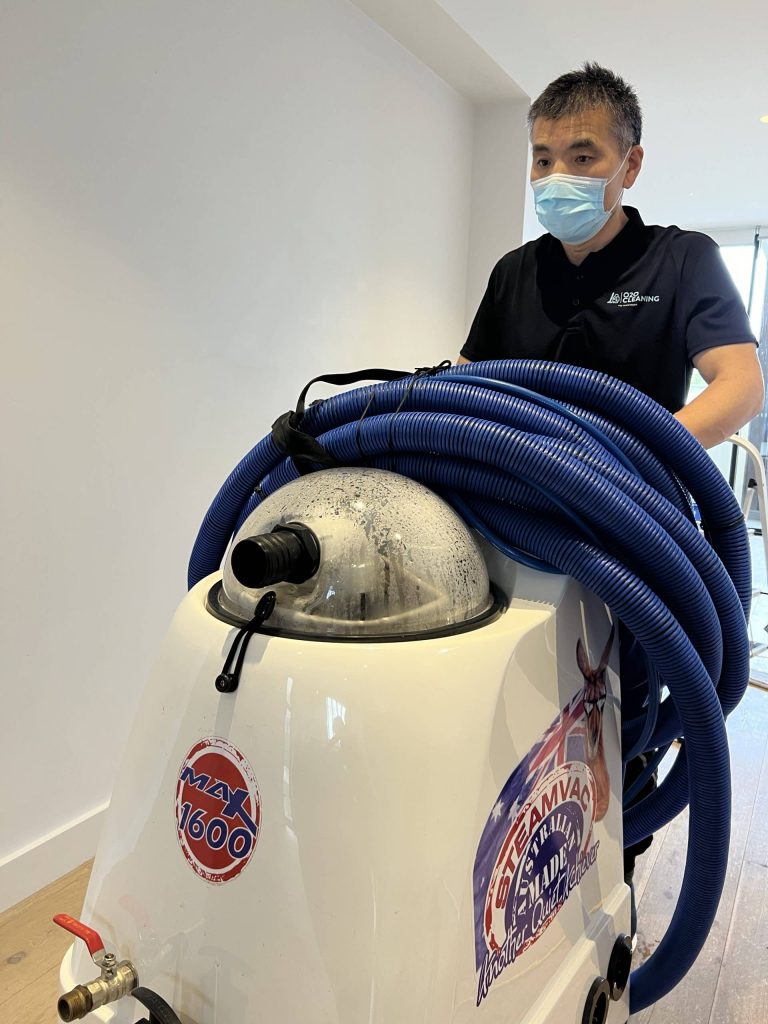 Carpet cleaning with a high-powered 1600 psi steam cleaning machine.