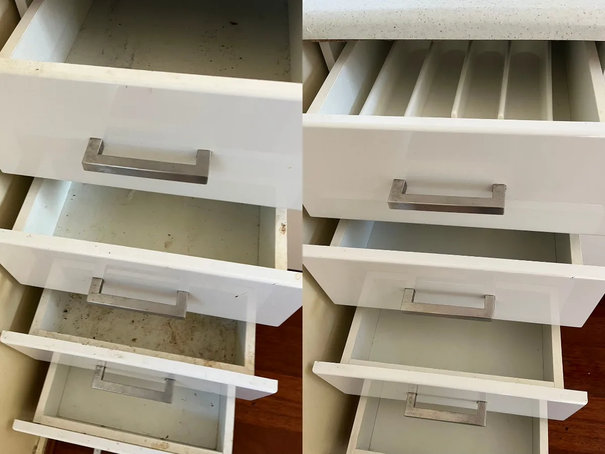 Before and after end of lease cleaning kitchen drawers by O2OCleaning Melbourne