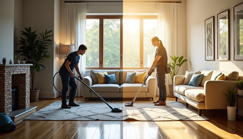 Professional cleaners using advanced tools to clean a modern living room carpet under natural sunlight.