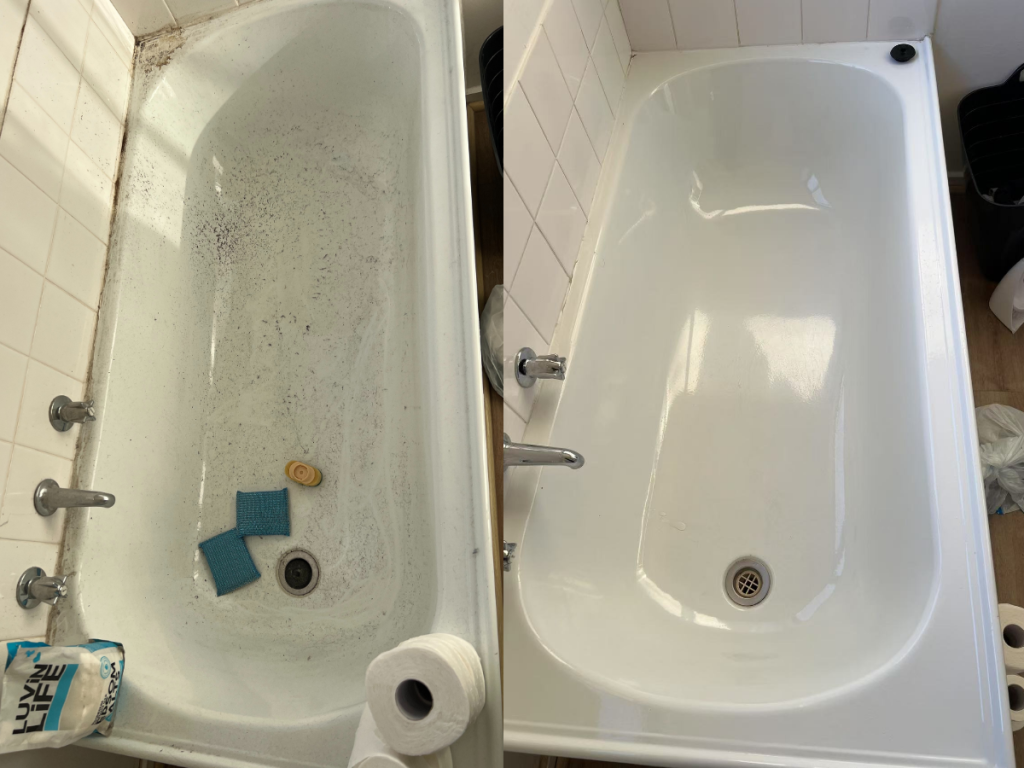 End of Lease Cleaning - Deep bathtub cleaning before and after, removing grime and restoring a spotless shine in Melbourne rental property.”