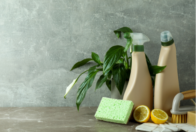 Natural cleaning supplies with lemon and sponge for eco-friendly home care