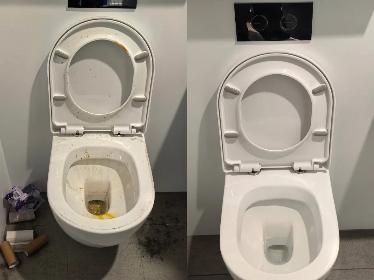 Stained toilet bowl before and after transformation by O2OCleaning - End of Lease Cleaning Melbourne