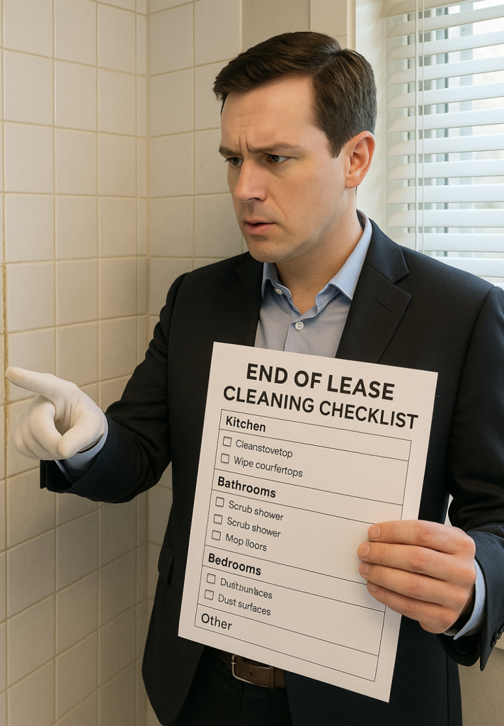Agent reviewing bond cleaning checklist in rental home.