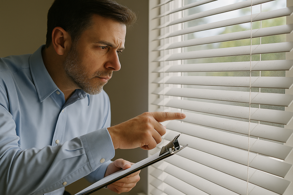 Property manager inspecting dusty blinds during end-of-lease check.