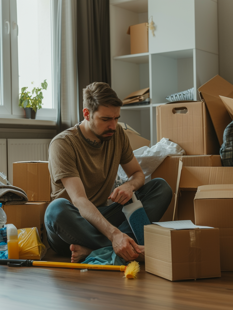 Man sitting on the floor surrounded by moving boxes while preparing cleaning supplies.