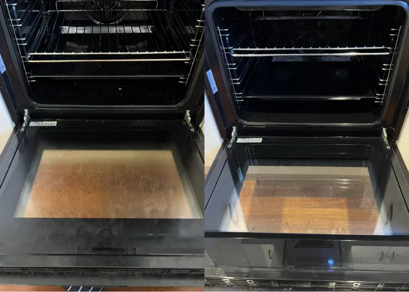 Oven door glass cleaned before and after
