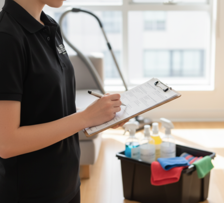 Professional O2OCleaning team member reviewing an end of lease cleaning checklist during a Melbourne inspection.