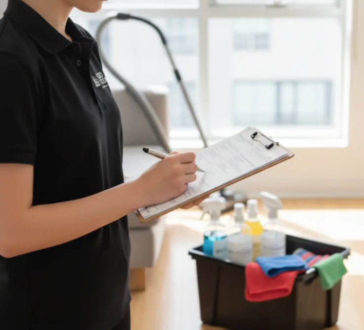 A professional cleaner from O2OCleaning reviewing a cleaning checklist with cleaning products and tools in the background during an end of lease inspection in Melbourne.