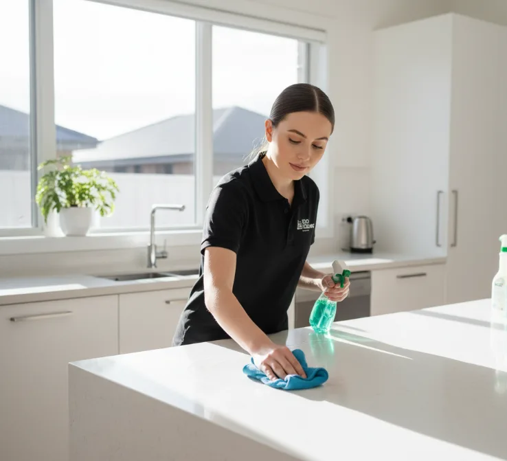 O2O Cleaning professional wiping a kitchen counter with spray and cloth, performing house cleaning tasks.
