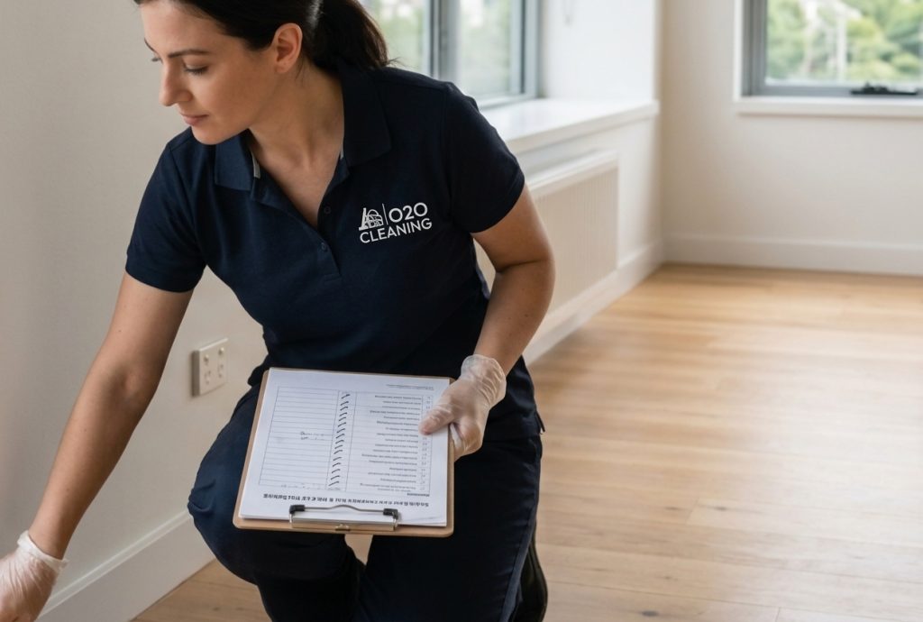 Professional cleaner in Melbourne checking skirting boards with a checklist during end of lease cleaning inspection for bond return