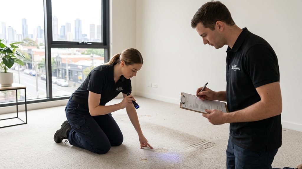 Two professional cleaners inspecting stained carpet in a Melbourne apartment during end of lease cleaning, using a flashlight and checklist to assess dirt and damage.