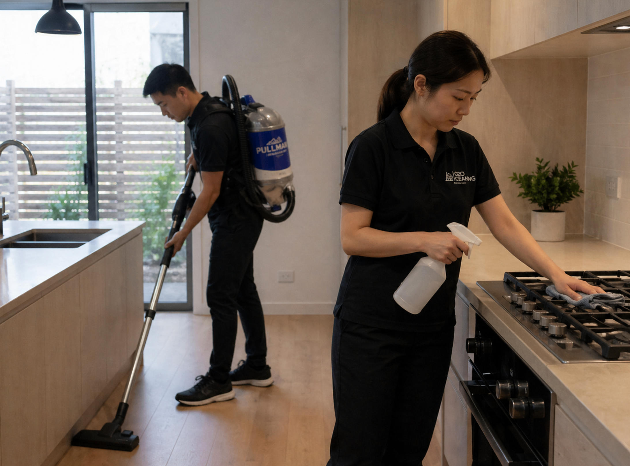 Two uniformed O2OCleaning cleaners working in a Melbourne kitchen, one vacuuming the floor and one wiping down the stovetop