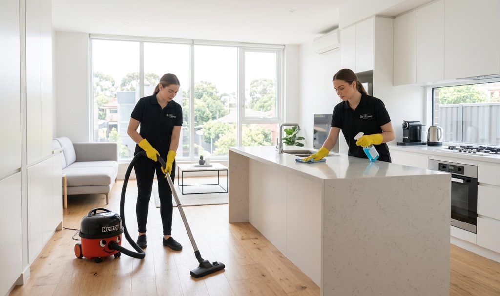 Two professional cleaners vacuuming and wiping kitchen surfaces in a modern Melbourne home, demonstrating high-quality house cleaning service with spotless results.