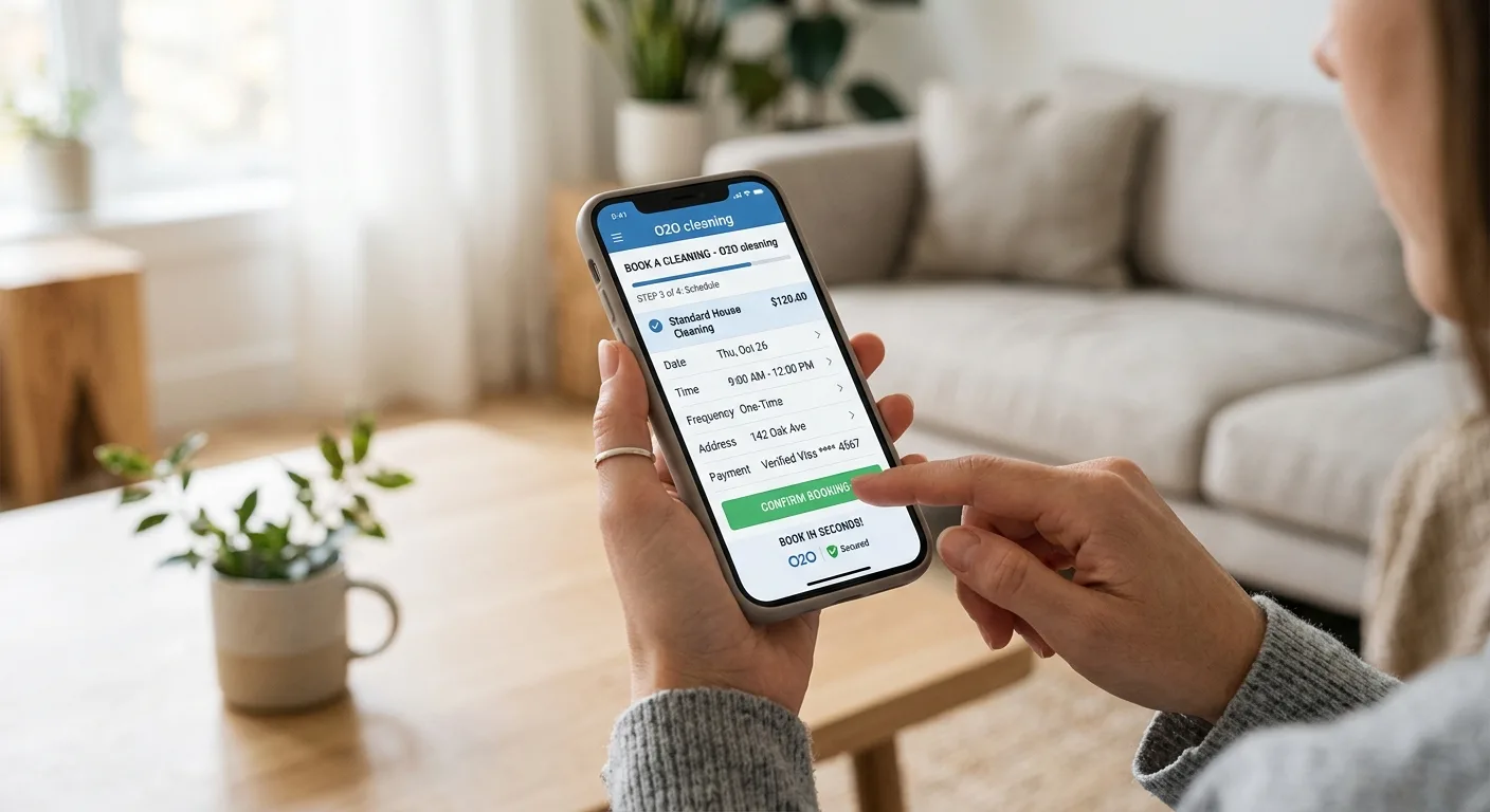 Close-up of a smartphone displaying O2Ocleaning booking interface, surrounded by blurred messaging background, highlighting fast and convenient online cleaning service booking