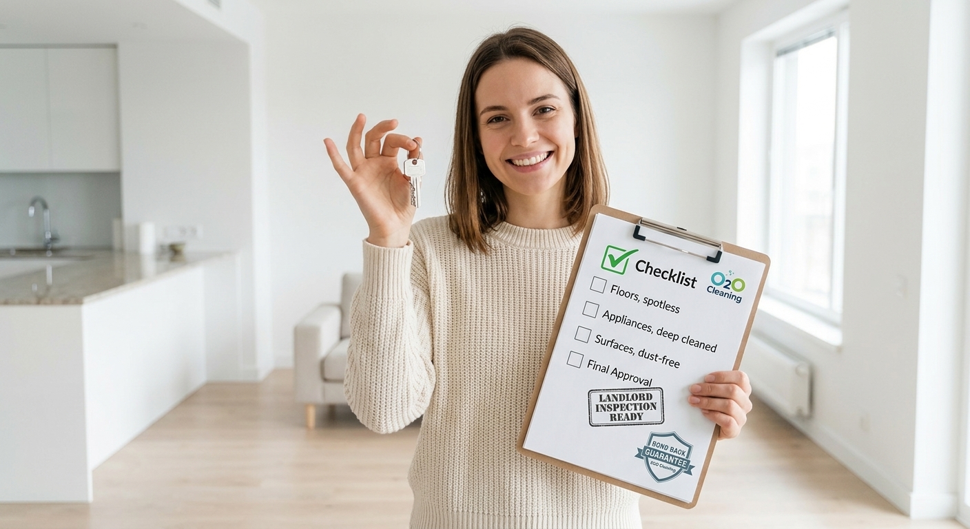 Smiling O2OCleaning customer holding keys and an inspection-ready checklist in a spotless empty Melbourne apartment