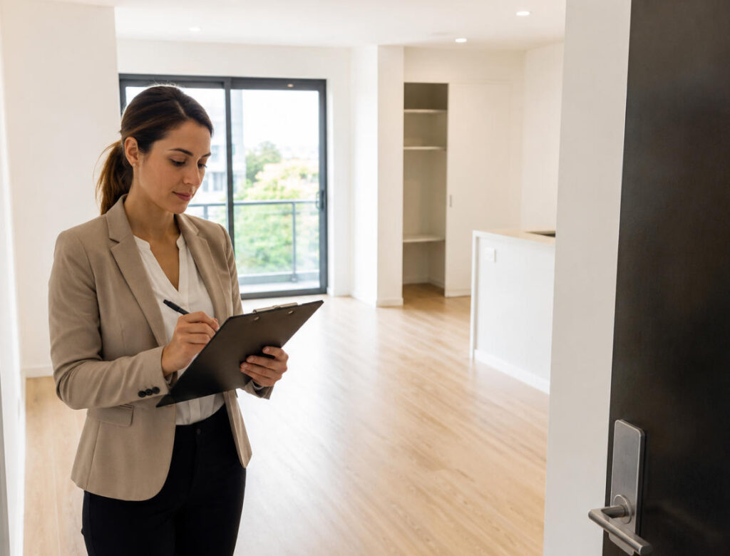 Real estate agent completing a vacate inspection checklist in a clean empty Melbourne apartment — o2ocleaning vacate inspection guide