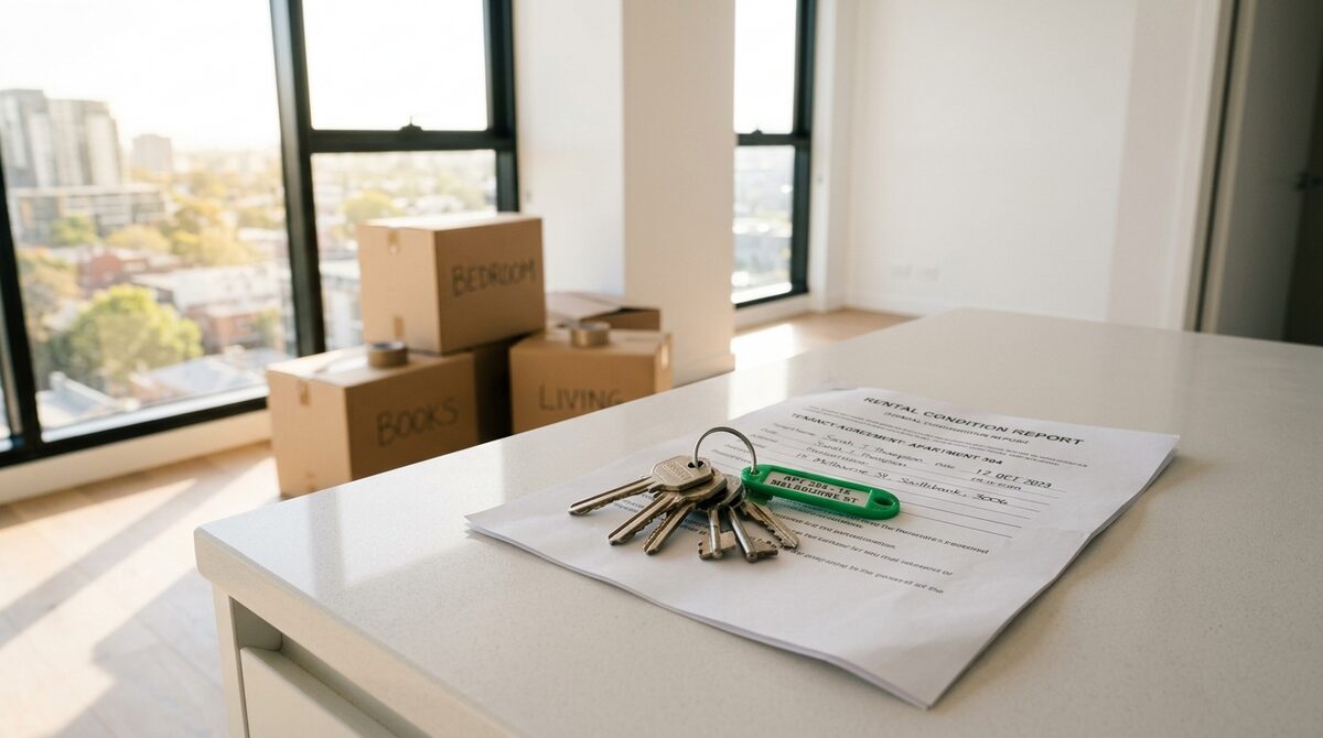 End of Lease Cleaning Reviews | O2OCleaning Melbourne House keys resting on a rental condition report in an empty Melbourne apartment at the end of a lease, o2ocleaning end of lease cleaning reviews Melbourne