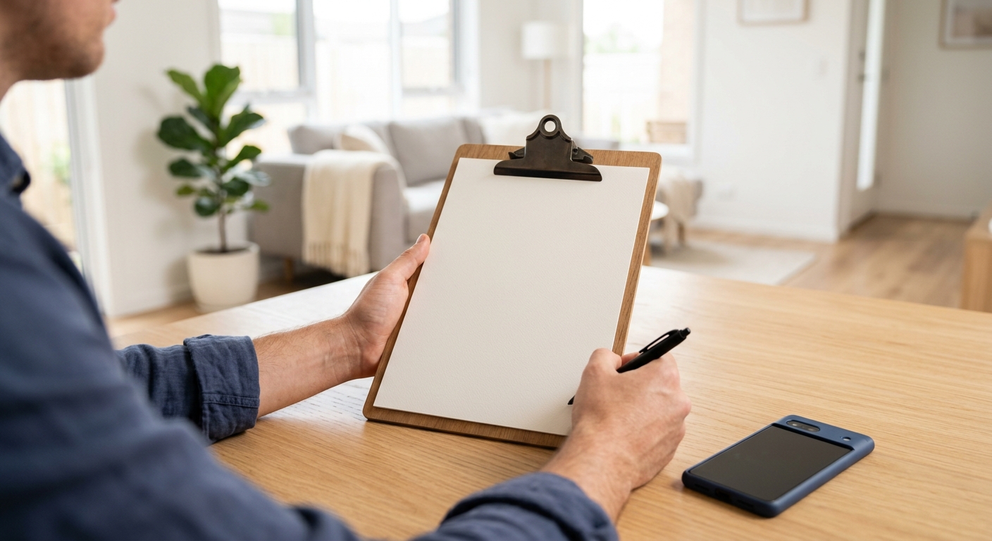 o2ocleaning guide to reading an end of lease cleaning quote in Melbourne Renter holding a clipboard comparing end of lease cleaning quotes in a Melbourne rental, checking exclusions and re-clean windows with o2ocleaning