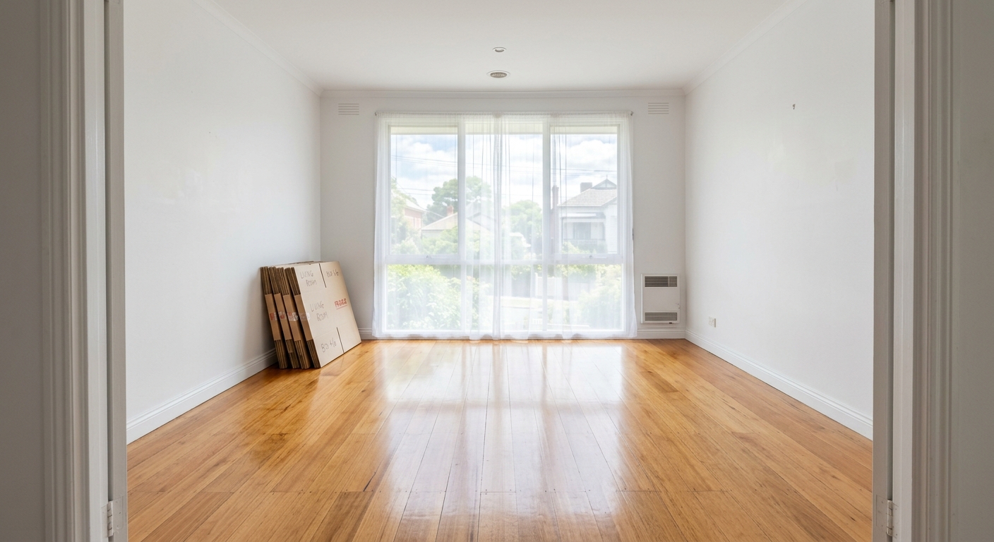o2ocleaning empty Melbourne rental ready for its end of lease clean Empty Melbourne sharehouse living room with flattened moving boxes ready for an end of lease clean by o2ocleaning