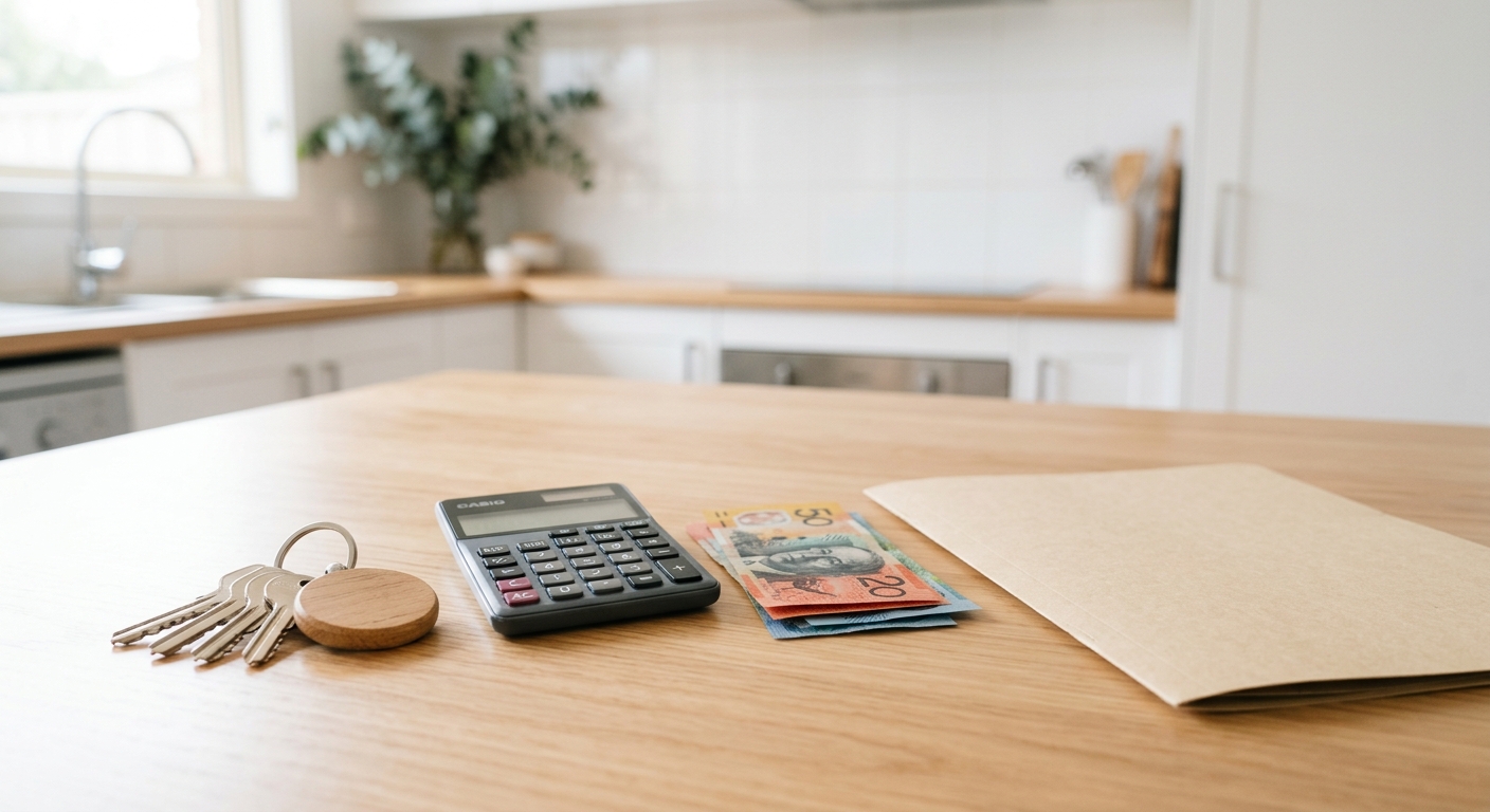 o2ocleaning end of lease cleaning price compared with a Melbourne rental bond House keys, calculator and Australian banknotes on a kitchen benchtop illustrating end of lease cleaning price versus bond value in Melbourne by o2ocleaning