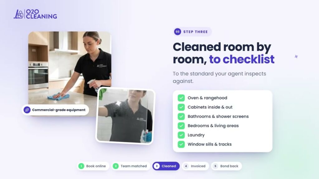 O2OCleaning end of lease cleaning video cover: uniformed cleaner wiping a kitchen benchtop next to a room-by-room cleaning checklist