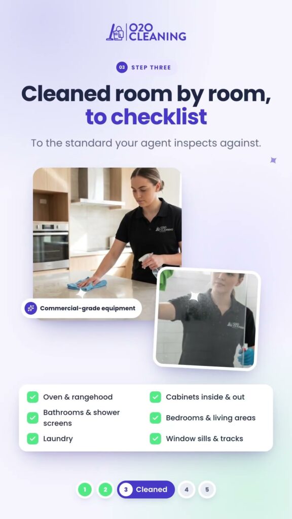 O2OCleaning end of lease cleaning video cover: uniformed cleaner wiping a kitchen benchtop next to a room-by-room cleaning checklist