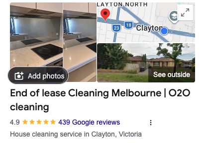 Google Business Profile showing 4.9 stars and 439 Google reviews on 12 October 2026 — o2ocleaning end of lease cleaning Melbourne